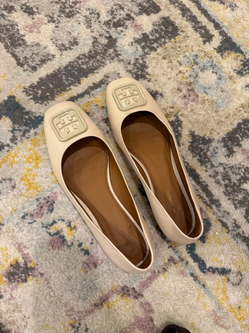 Tory Burch Cream Leather Logo Square-Toe Ballet Flats
